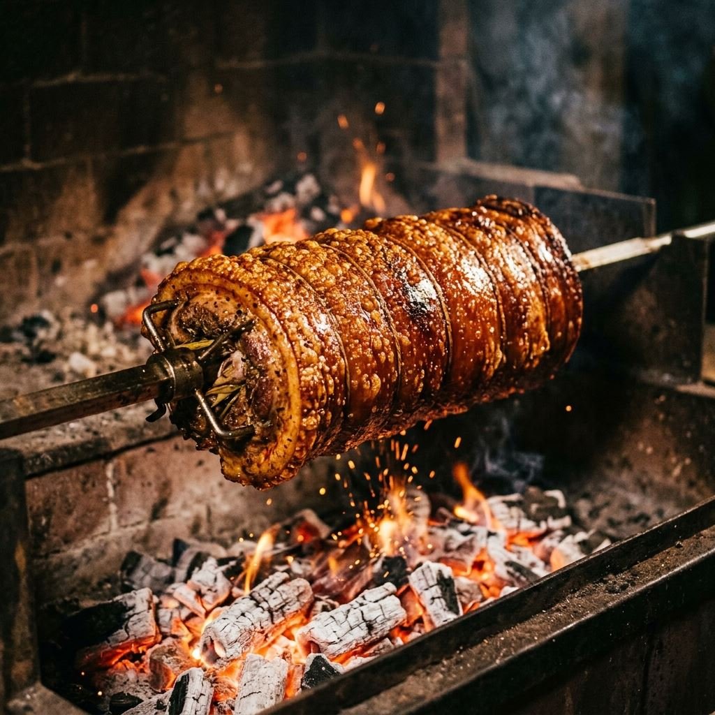 Cebuchon slow roasting in oven with glowing red fire embers