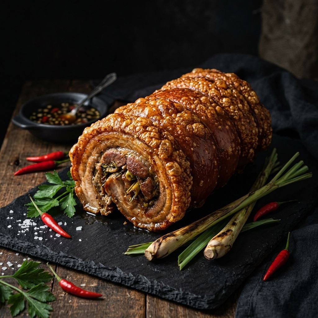 Exquisite roasted golden-brown Cebuchon on obsidian black stone board with lemongrass and chilis